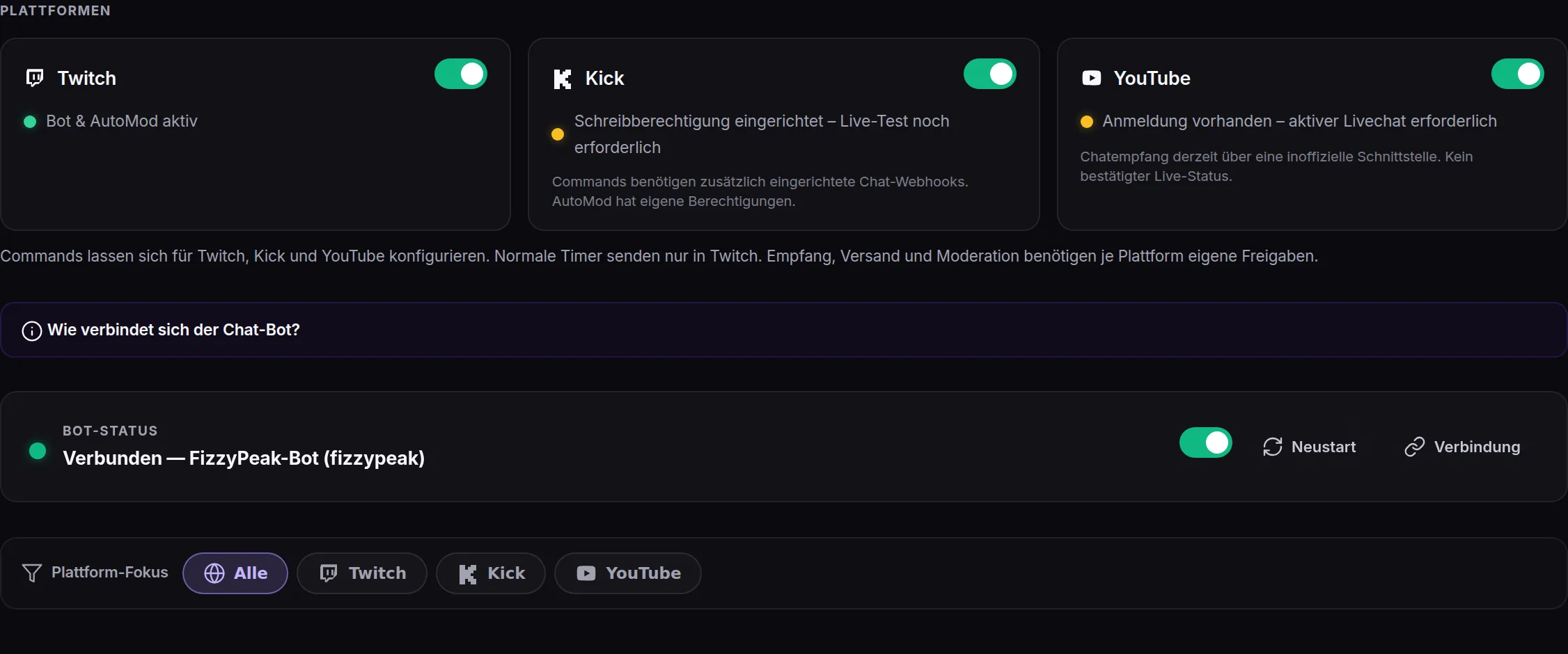 Chat bot status for Twitch, Kick and YouTube
