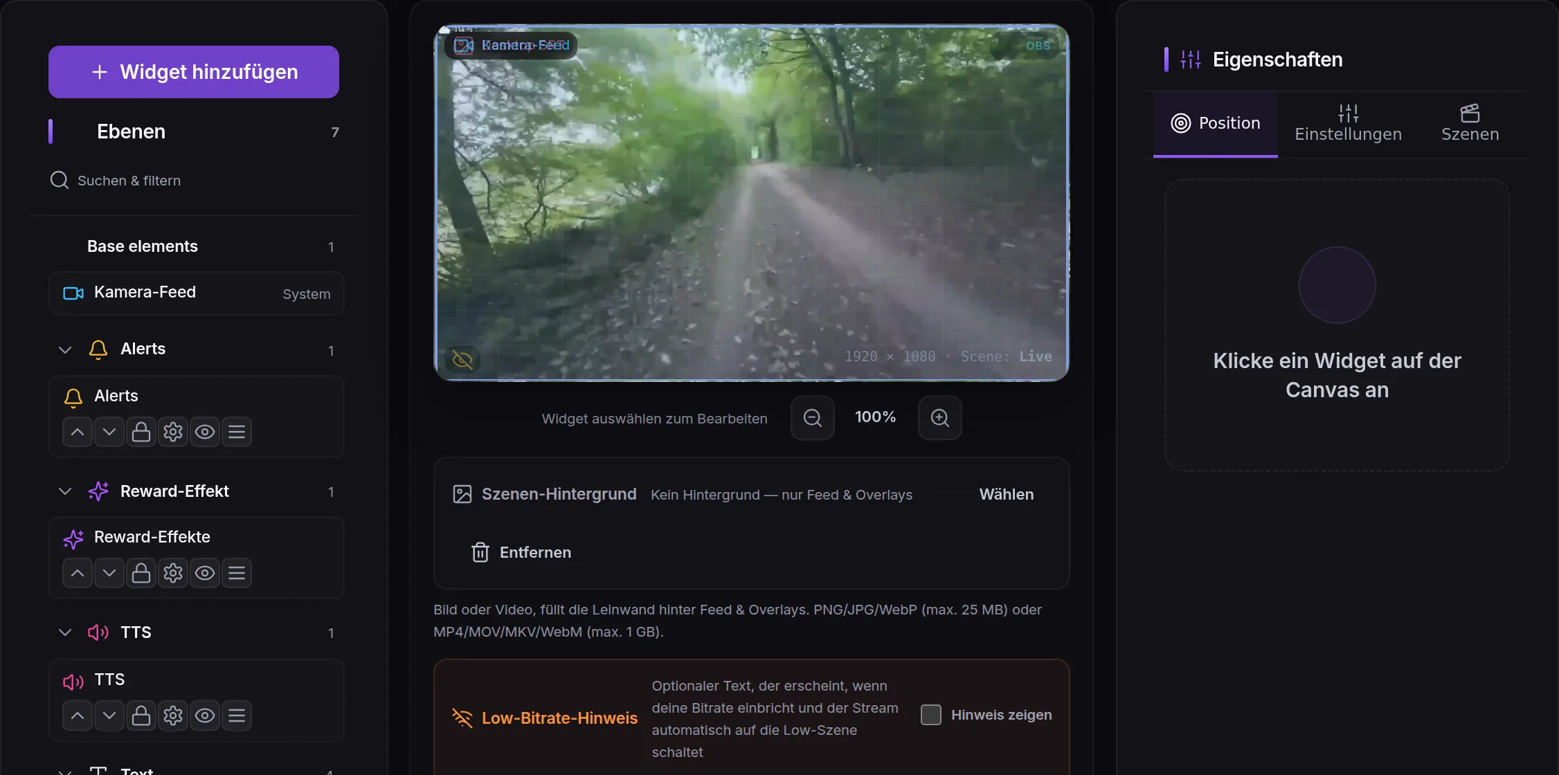 FizzyPeak scene editor with camera feed, layers and properties