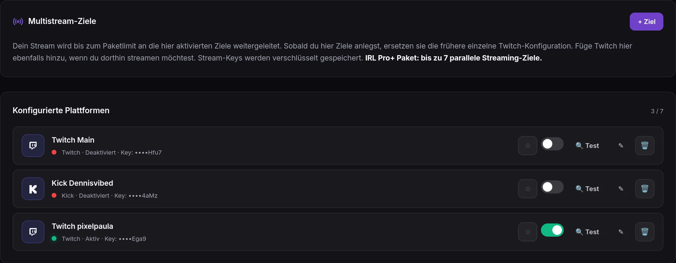 Multistream destinations with Twitch and Kick