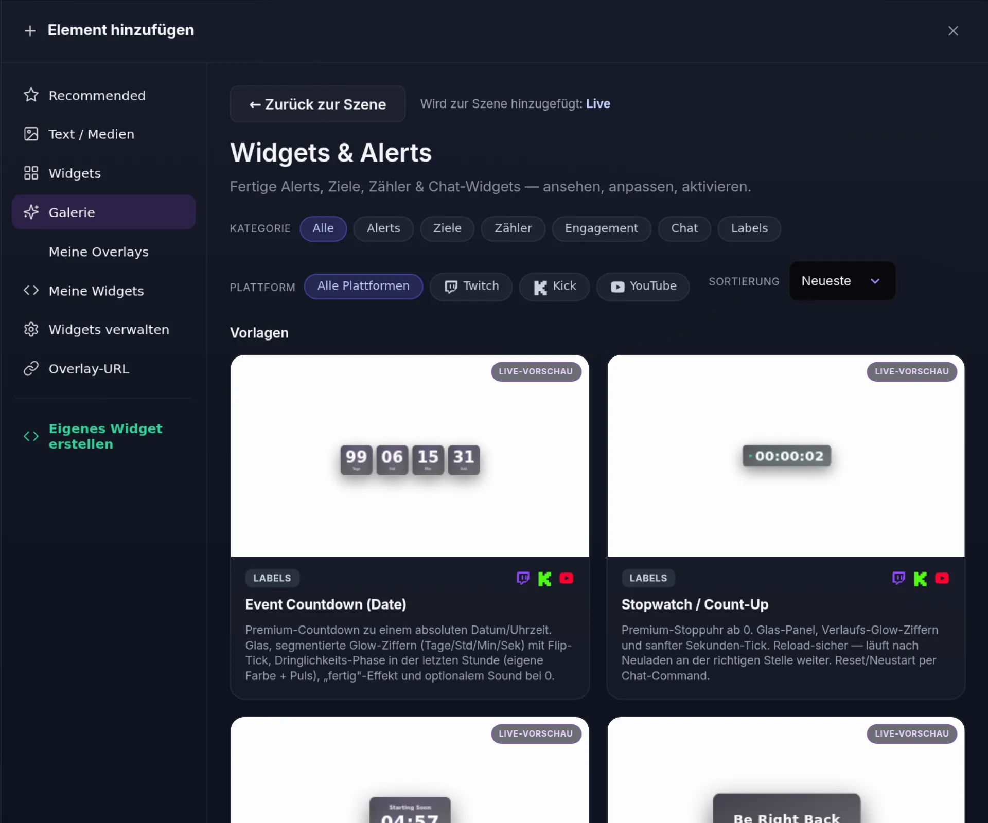 Widget gallery with templates and live preview